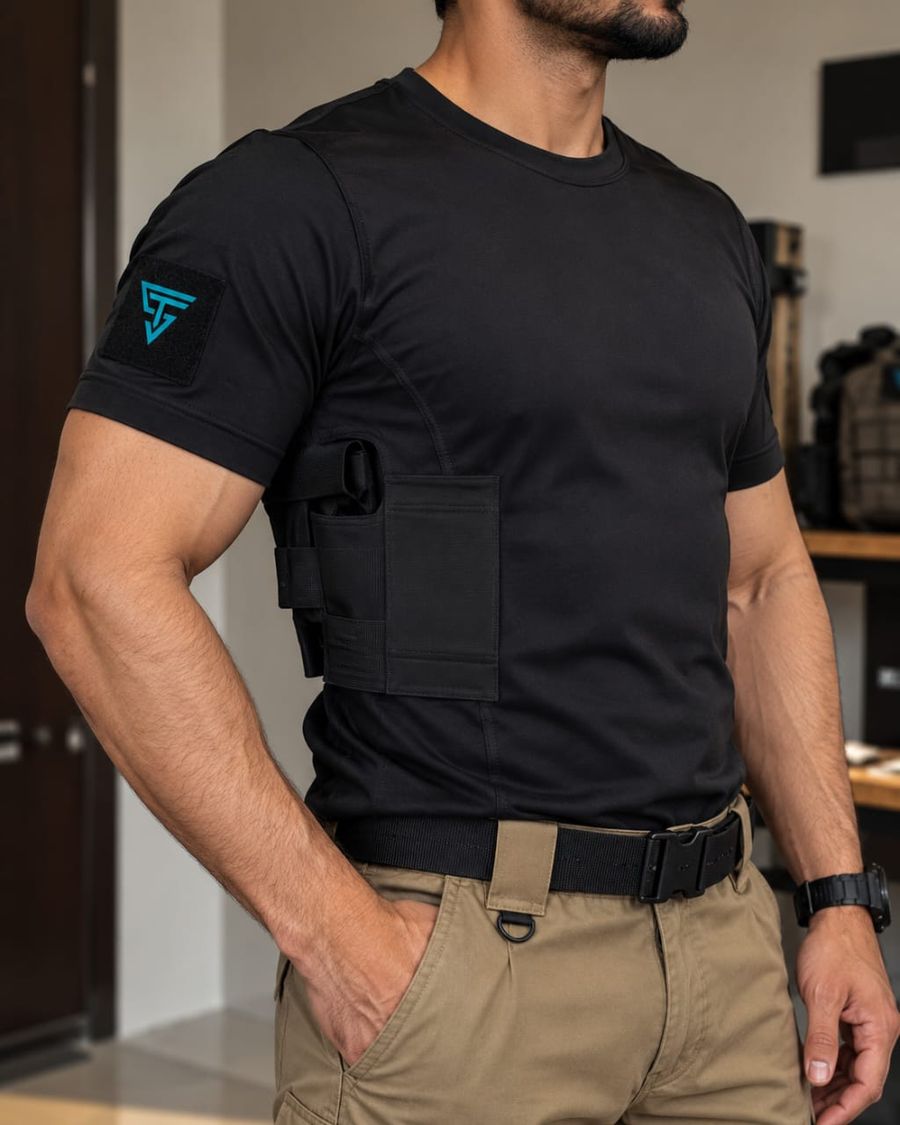 Black tactical T-shirt with side holster pocket